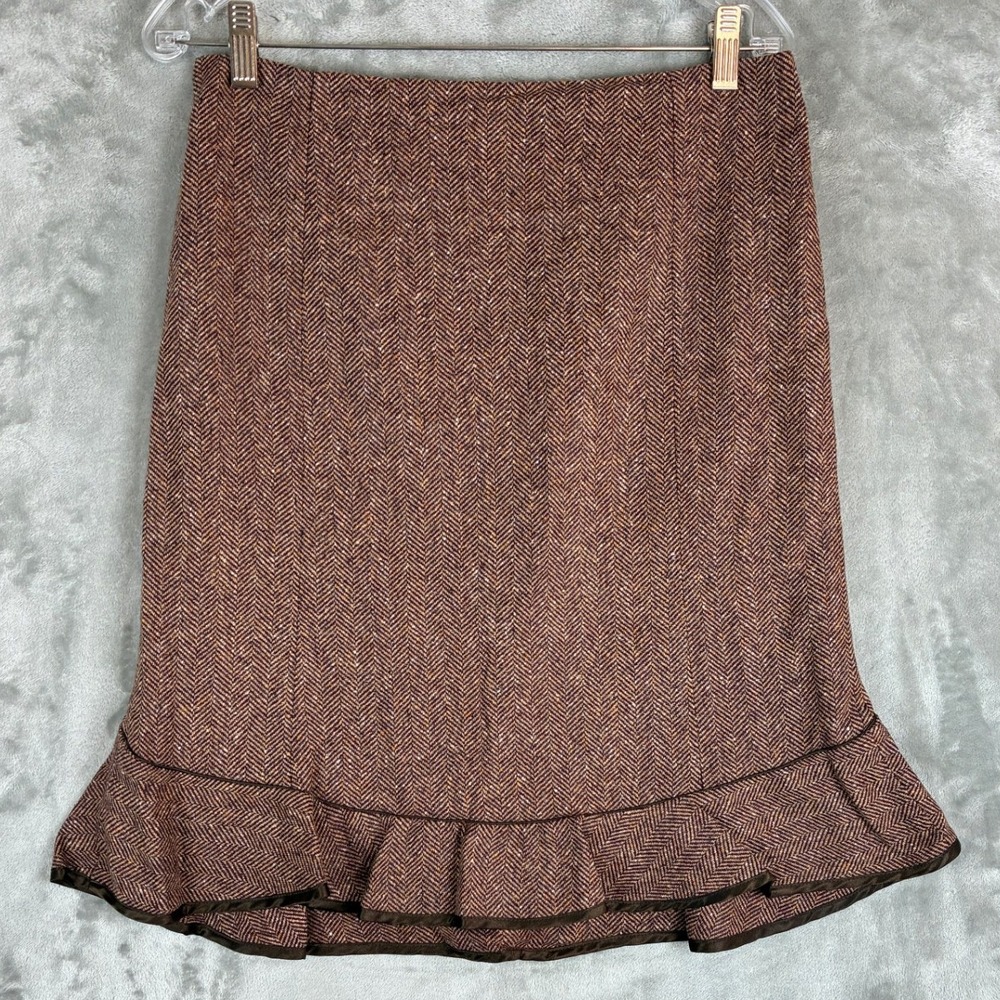 Gap Brown Herringbone Tweed Trumpet Skirt Ruffle Hem Size 4 Regular Business
